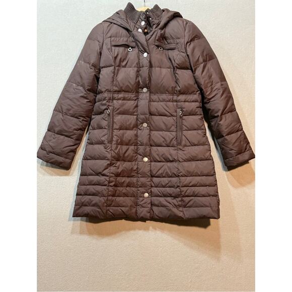 DKNY Hooded Long Down Puffer Coat with Removable Fur Trim in Brown Size M - Picture 3 of 10